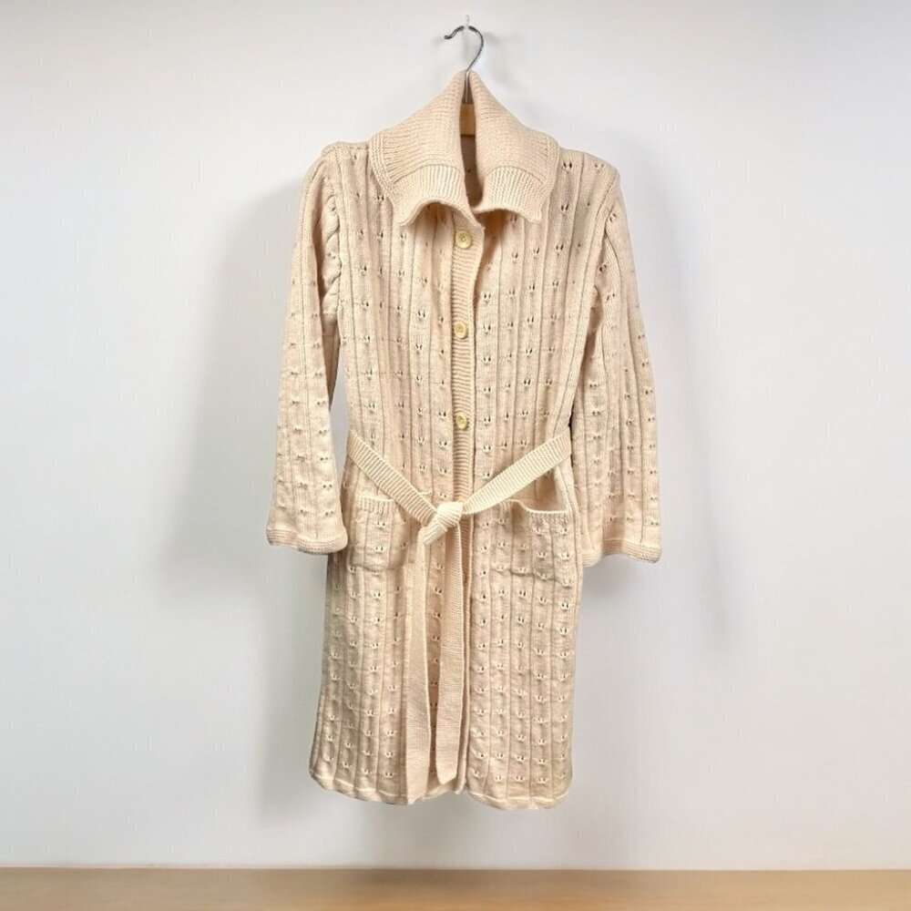 ** Handmade Nude Button Front Cable Knit Cardigan with Tie Belt Size S